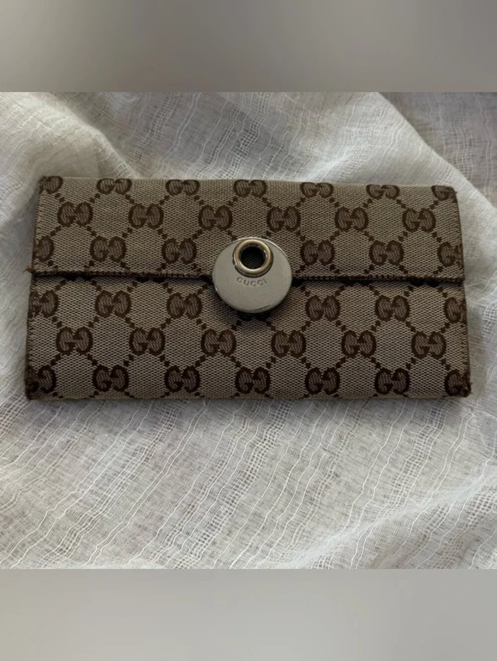 Authentic Gucci Monogram Eclipse Continental Wallet With Dark Brown Leather